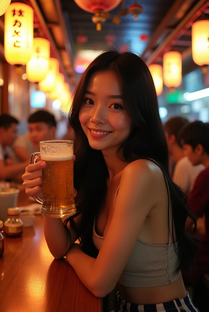 Drinking beer Japanese beauty