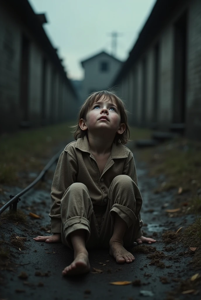 Child prisoner crying in pajamas in the Nazi camps