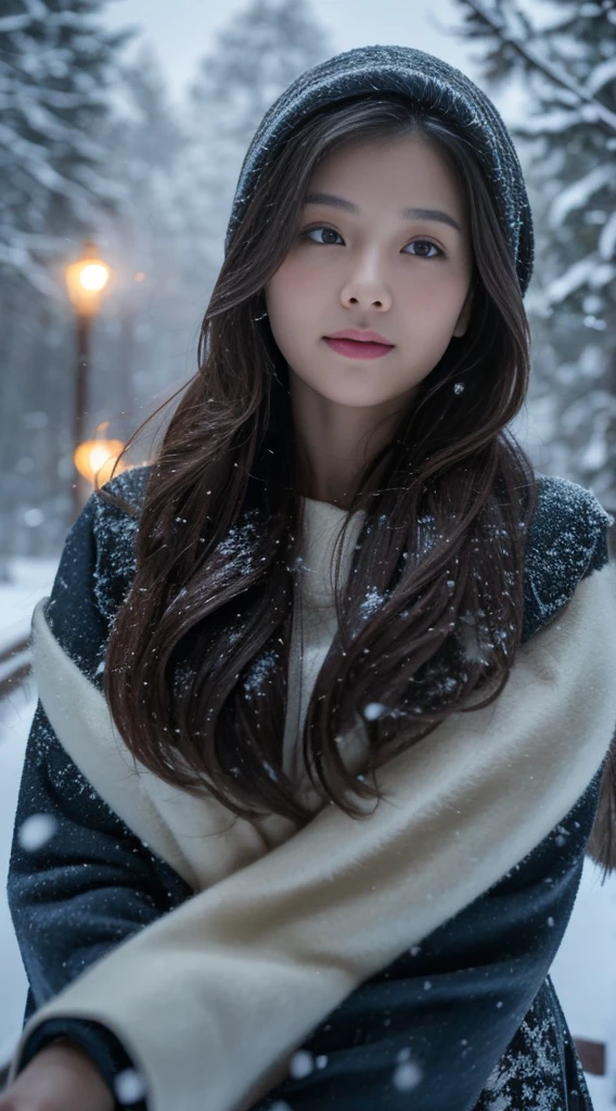 Use artificial intelligence to create high-quality images, Featuring advanced levels of detail and cinematic style. Imagine being in a snowy night scene,An elegant Asian woman walks slowly through the snow。She wore a gorgeous dark blue gown,Long hair draped over the shoulders,Fluttering slightly。Her face was as white as snowflakes in the moonlight,Eyes shining with tranquility and gentleness。
woman's feet,Snowflakes drift gently with every step,left deep footprints。She looked up at the stars,The eyes reveal awe of nature and intoxication with beauty。Holding a white snowflake in hand,It seems to complement her temperament。
A soft light shines from the cabin behind the woman,Light gauze curtains hang on the windows,The interior is warm and peaceful。Smoke rises in the night sky,Complementing the figure of a woman,Create a poetic picture。In the silence of this snowy night,Woman merges with nature,Together we write a beautiful chapter of this snowy night。
