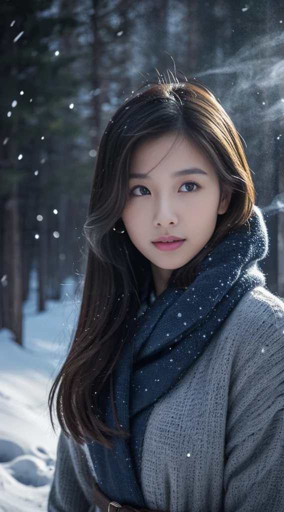 Use artificial intelligence to create high-quality images, Featuring advanced levels of detail and cinematic style. Imagine being in a snowy night scene，An elegant Asian woman walks slowly through the snow。She wore a gorgeous dark blue gown，Long hair draped over the shoulders，Fluttering slightly。Her face was as white as snowflakes in the moonlight，Eyes shining with tranquility and gentleness。

woman&#39;s feet，Snowflakes drift gently with every step，left deep footprints。She looked up at the stars，The eyes reveal awe of nature and intoxication with beauty。Holding a white snowflake in hand，It seems to complement her temperament。

A soft light shines from the cabin behind the woman，Light gauze curtains hang on the windows，The interior is warm and peaceful。Smoke rises in the night sky，Complementing the figure of a woman，Create a poetic picture。In the silence of this snowy night，Woman merges with nature，Together we write a beautiful chapter of this snowy night。