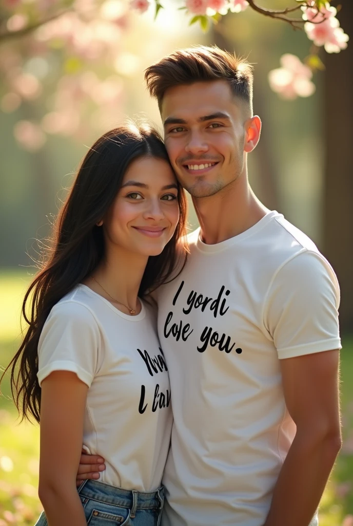 A married couple ) the skinny girl.long black hair, The girl's black eyes and her t-shirt that says Yordi I love you ). And the white boy is a little stronger in build. ,short light brown hair well combed with a little bangs and green eyes and her t-shirt that this writing Melissa mine is) . The couple are the same height and love each other very much.