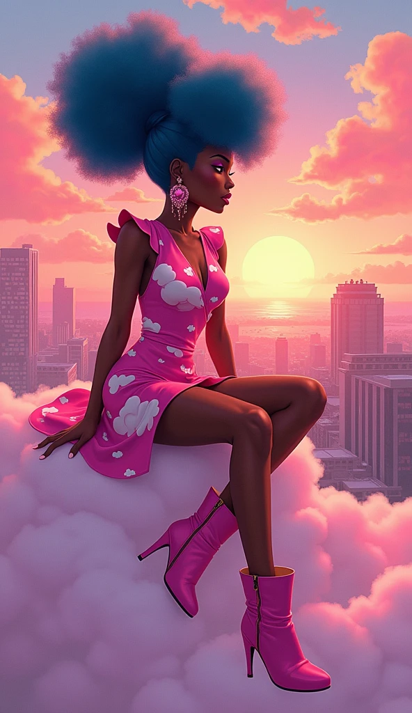 (best quality:1.1),original,1girl,chic,trendy,afro,dark skin,makeup,1970's, blue hair, brown eyes An illustration of african american woman with natural hair, in the style of ross tran, a pink dress with a cute cloud print and cute pink boots, a gorgeous woman with extremely long hair in a ponytail with bangs, (((sitting on a soft fluffy pink cloud))), looking at a distant magical city far beneath her, at sunset pink and orange, jessica drossin, bold block prints, michael malm, bold yet graceful, bold traditional