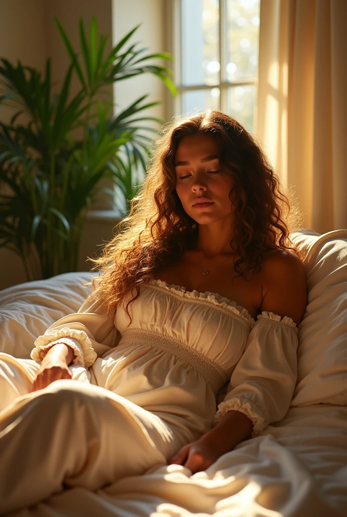 (photorealism:1.2), beautiful woman, sitting on bed, wearing loose off-shoulder top, pajama pants, long curly hair, indoors, soft lighting, plants in background, window with sunlight, cozy room, relaxed pose, realistic, intricate details, warm colors, by Greg Rutkowski, by Alphonse Mucha, full nude