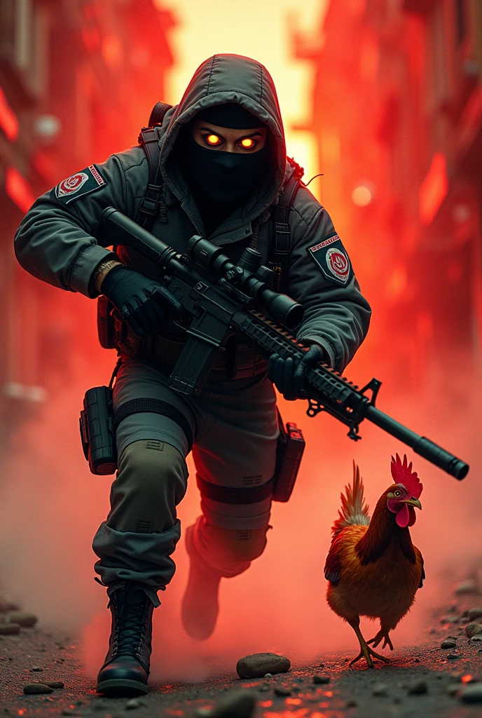 Create an image of a counter strike 2 terrorist, holding a sniper in one hand and chasing a chicken with a red background and an anime face