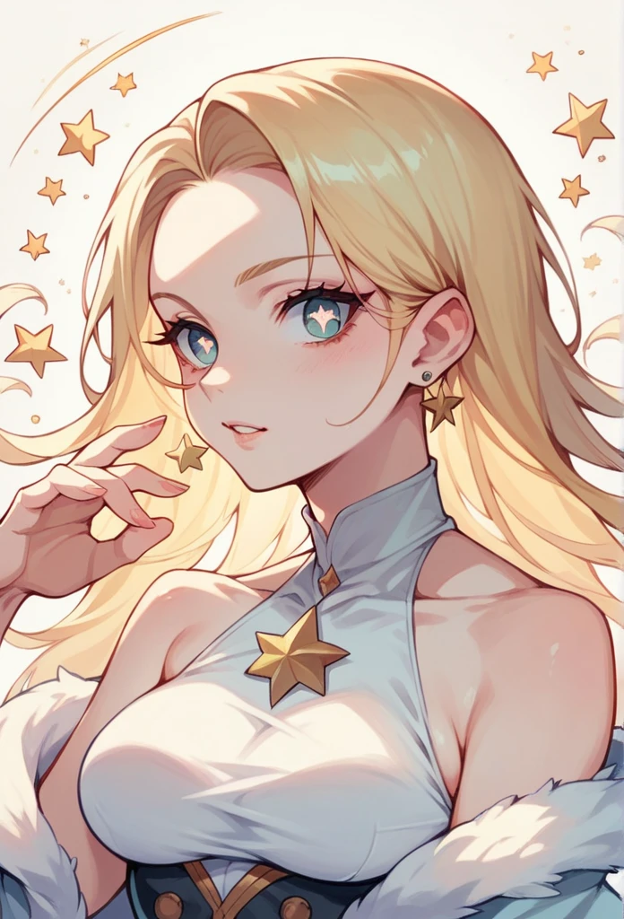 A blonde-haired woman with stars for pupils, sexy seducing