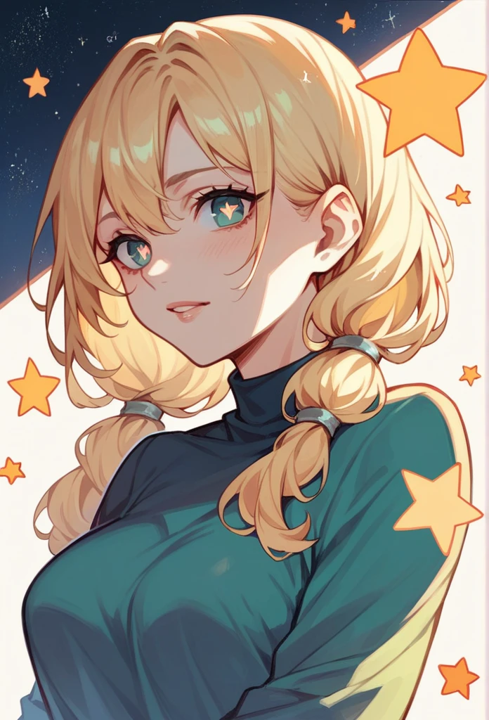 A blonde-haired woman with stars for pupils, sexy seducing