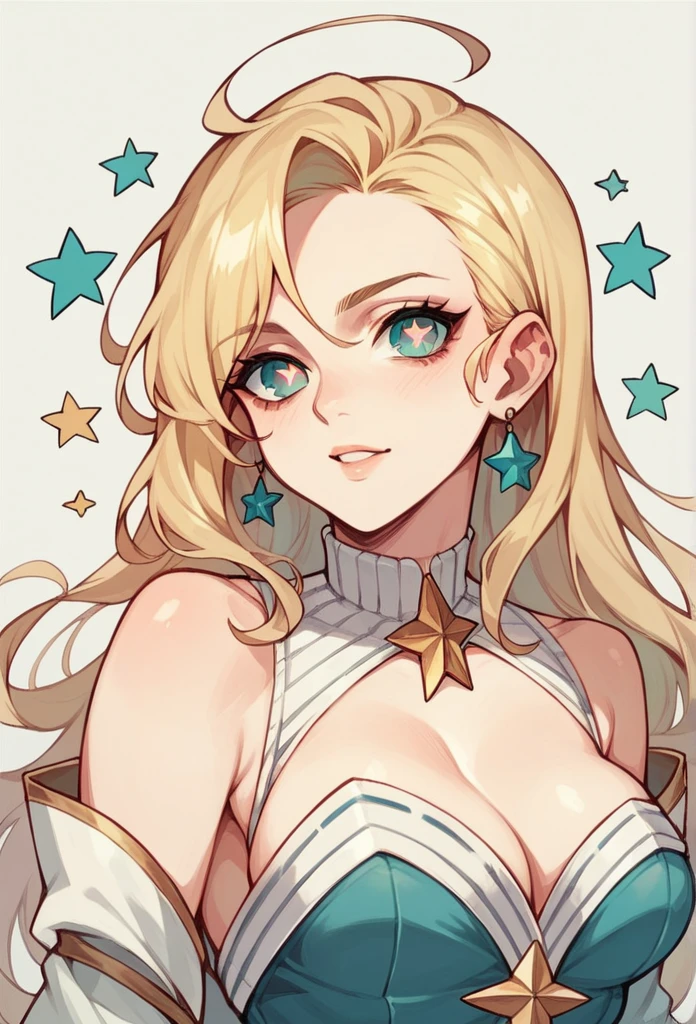 A blonde-haired woman with stars for pupils, sexy seducing