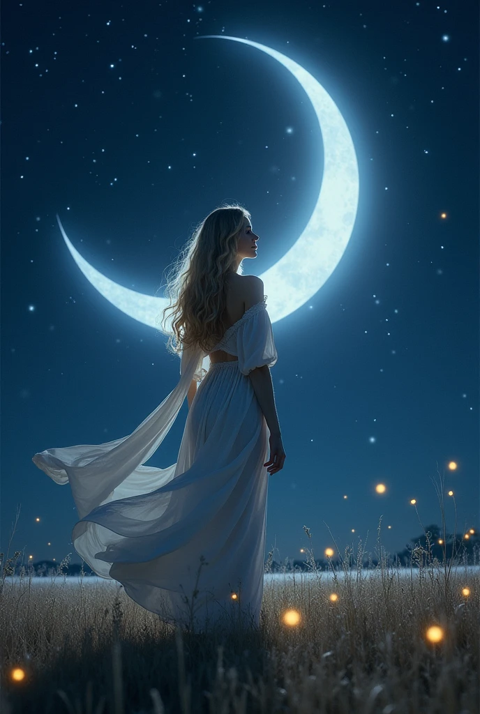 Imagine Laura in a night scene with the moon in the background. Laura may be in an open field, with the full or large crescent moon shining brightly in the sky above her with fireflies. The soft glow of the moon illuminates Laura, highlighting her in a tranquil setting.She may be wearing flowing clothes that reflect the silvery light of the moon, and her hair with blonde highlights can be flowing in the wind. Add some stars in the sky for a magical touch.