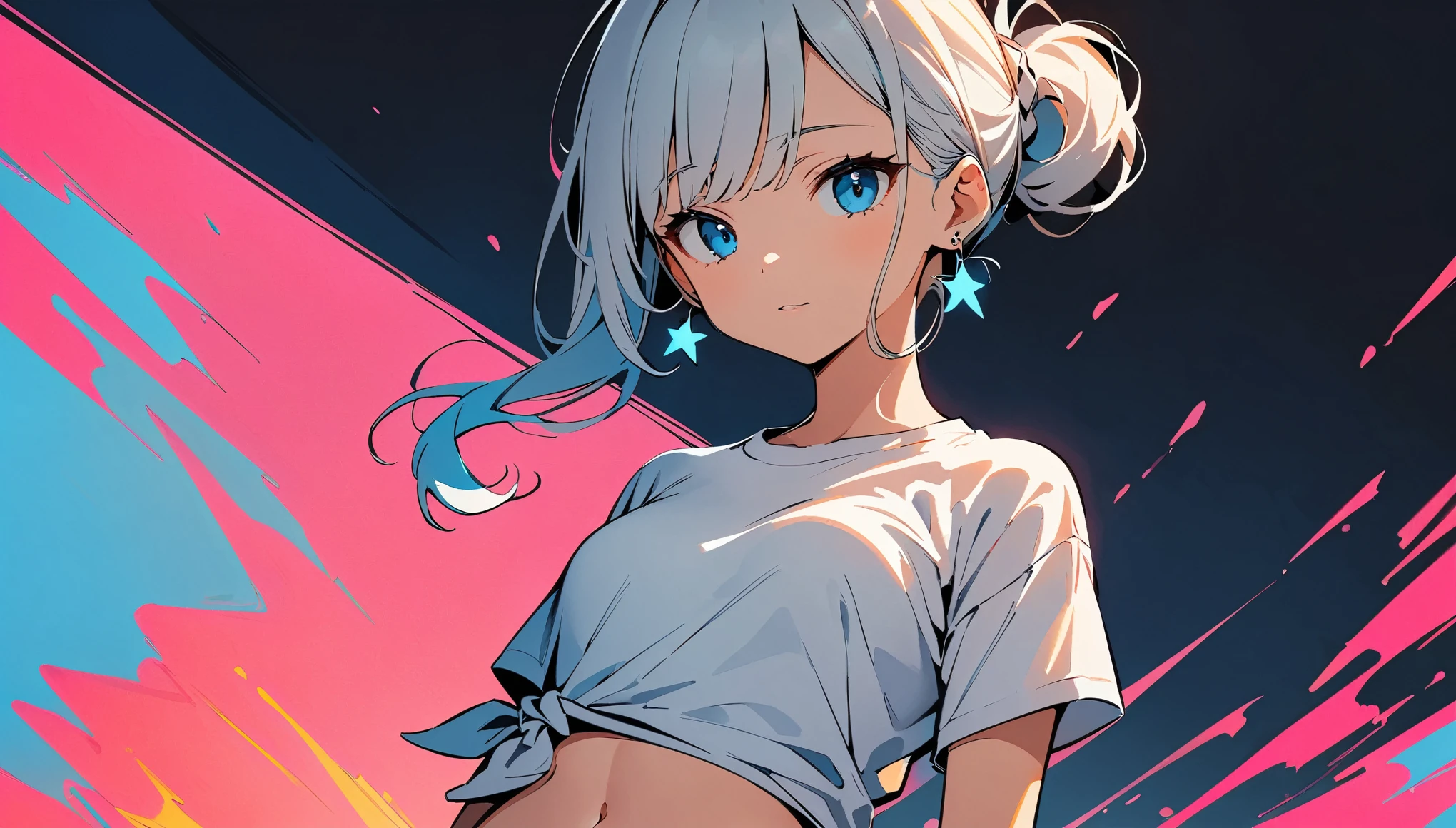 (high quality, 8k, 4K, High Contrast, masterpiece:1.2, 最high quality, Best aesthetics), (Dynamic Angle), ((1 female)), ((Single color background)), ((Flat Color)), Plain White T-shirt, Looking at the audience, Upper Body, Dark Background, High Contrast, Contrasting colors, Cowboy Shot,Pale pink and blue lighting,The navel is slightly visible.,Long Hair,((Tied Hair)),Small Tits,Grey Hair,Small star-shaped earrings in both ears,watch