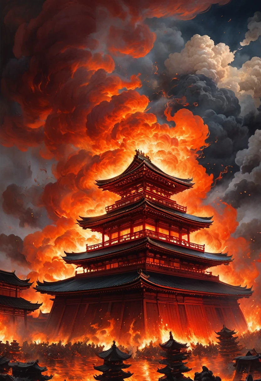Depict a dramatic scene of a Japanese temple engulfed in flames, symbolizing destruction and chaos. The fire should be intense, with bright, fiery oranges and reds contrasting against the dark night sky. Smoke should billow into the air, and the structure of the temple should be visibly crumbling. The scene should feel chaotic and intense, capturing the brutality of the moment