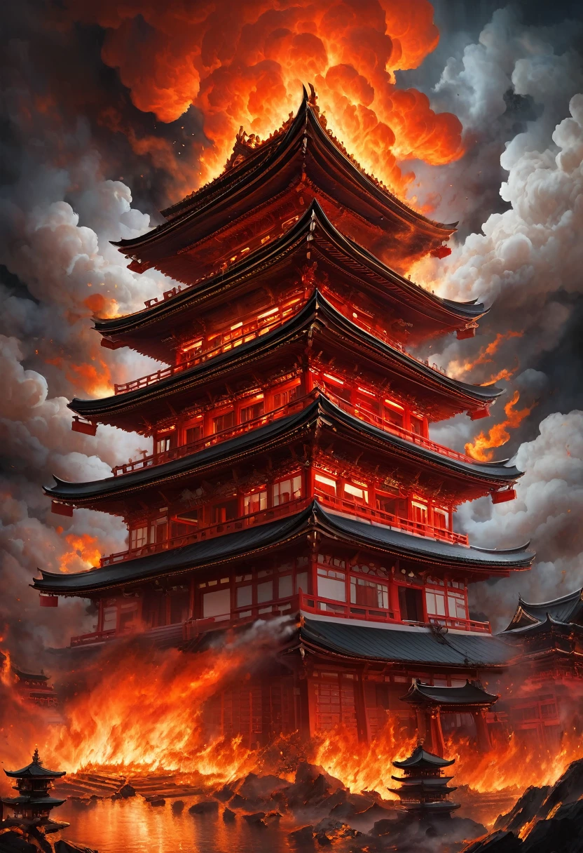 Depict a dramatic scene of a Japanese temple engulfed in flames, symbolizing destruction and chaos. The fire should be intense, with bright, fiery oranges and reds contrasting against the dark night sky. Smoke should billow into the air, and the structure of the temple should be visibly crumbling. The scene should feel chaotic and intense, capturing the brutality of the moment