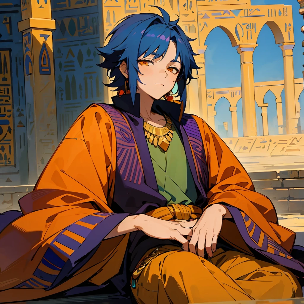 1 boy, Turquoise hair, orange eyes, Arabian style, handsome, kid, orange eye liner, soft smile closing eyes, ((ancient Arabic purple clothes)), Arabian nights, ((Egyptian style)), jewelry