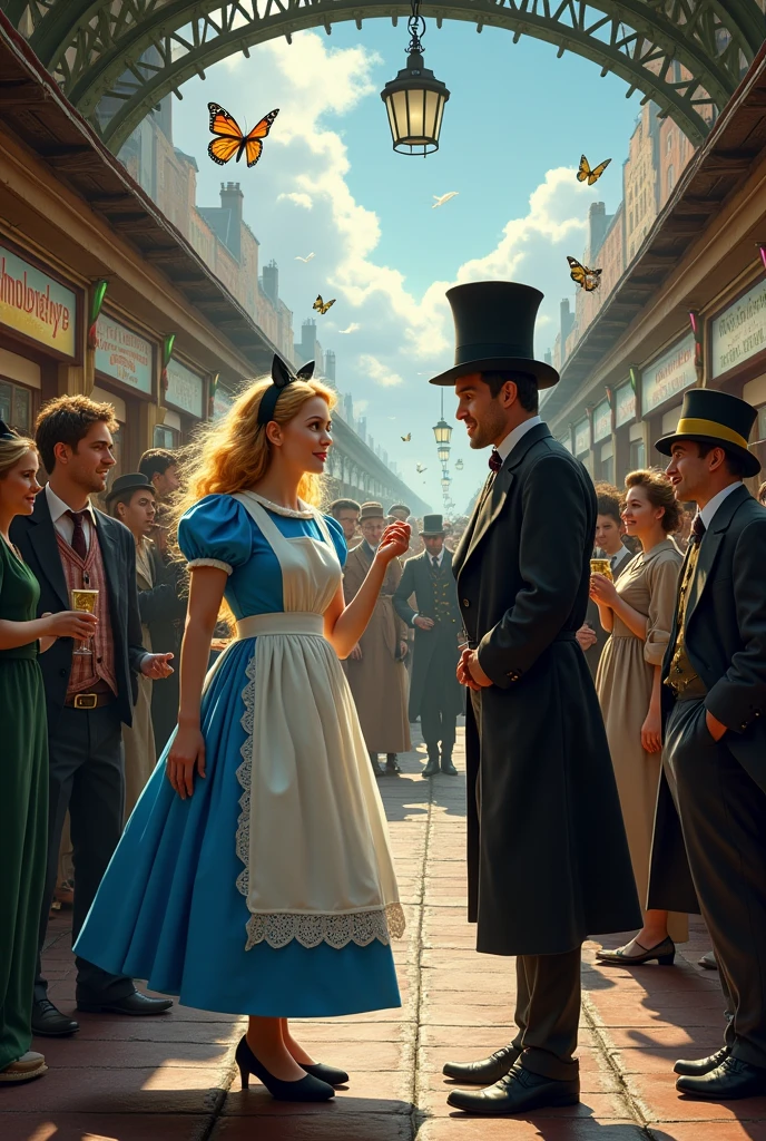Alice from Wonderland entering a crowded train and being stopped