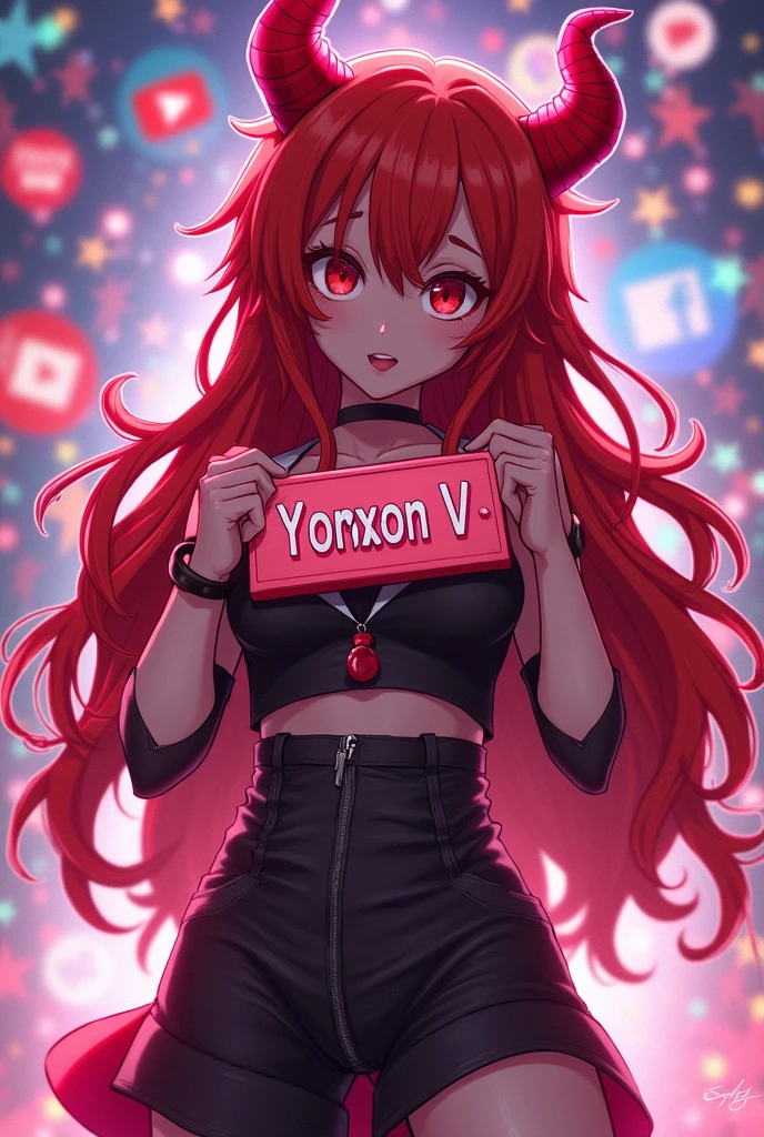 Red-haired demon girl in anime style, holding a nameplate: Korxon V.
With a YouTube and social media background.
