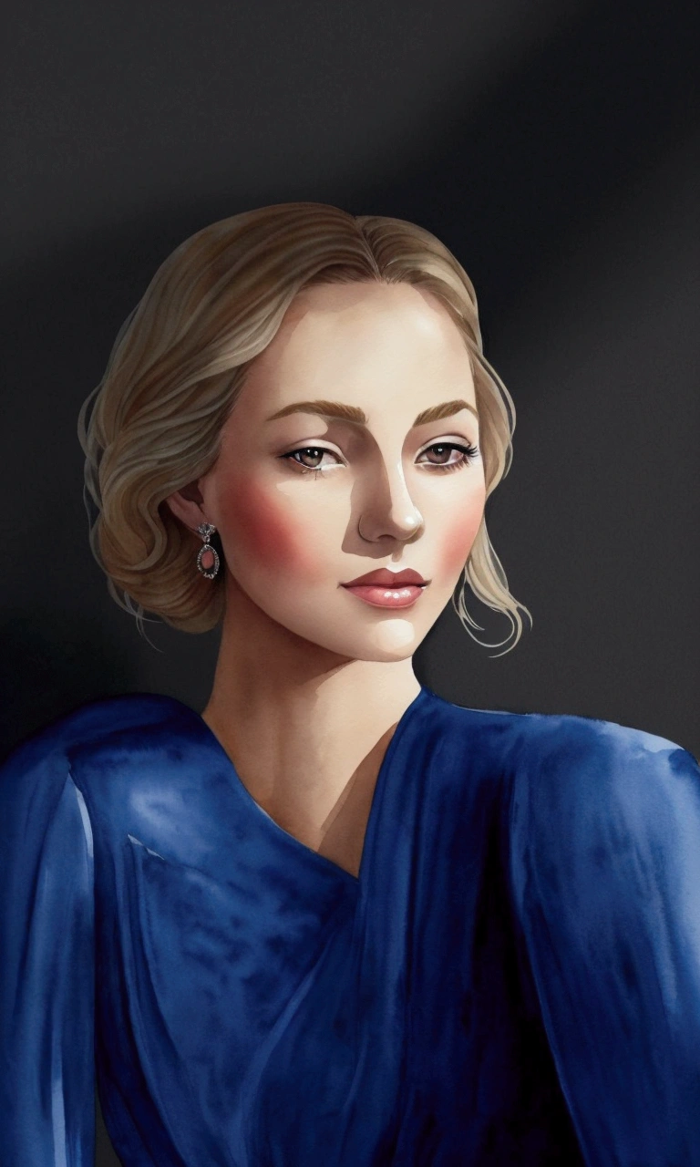 Watercolor fashion illustration, blonde 1woman thin hair bob, slim, evening dress, cafe