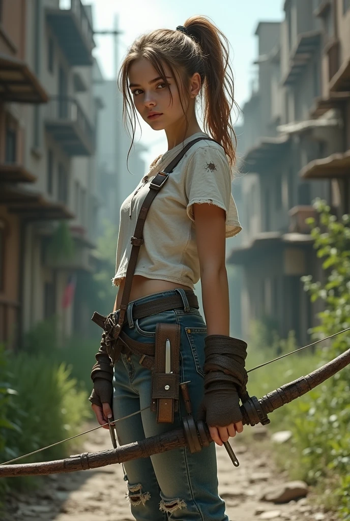 17 year old girl. Light brown hair put up in a ponytail. Grey eyes. Ghostly pale skin. Slightly chubby. Jeans with a knife holster on her thigh. Dirty white shirt. Fingerless gloves and wraps on her arms. Holding a bow.