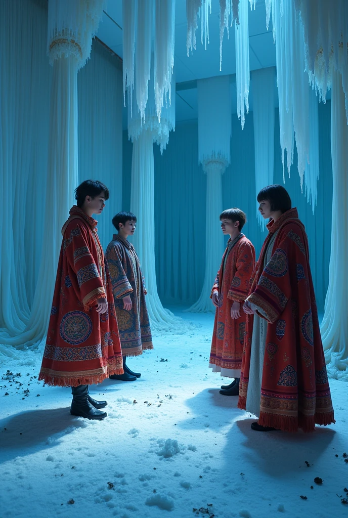 Incorporating the Sami victims into this avant-garde, queer art exhibition adds a layer of cultural and historical specificity, acknowledging the intersection of ethnicity, gender, and power during the Finnmark witch hunts. Here's how that might be represented:

### Exhibition Title: *"Cursed Lands: The Sami and the Witch Trials of Finnmark"*

**Concept:**
This exhibition would delve into the tragic stories of the Sami people, who were disproportionately targeted during the Finnmark witch hunts due to their indigenous beliefs, practices, and marginalized status. The queer framing would emphasize the "otherness" imposed upon these communities, drawing parallels between historical persecution and modern struggles for identity and autonomy.

### **Artistic Elements:**

**1. Multimedia Installations:**
- **Frozen Shadows:** An installation featuring life-sized ice sculptures representing Sami men and women accused of witchcraft. As the ice slowly melts, the figures distort and disappear, symbolizing both the erasure of Sami culture through persecution and the resilience that continues in the face of such erasure.
  
- **The Shaman's Lament:** A soundscape installation blending Ramsey's dark, haunting melodies with traditional Sami joik (a form of song), echoing through a dimly lit space adorned with ancient Sami symbols. The joik would be infused with electronic distortions, representing the clash between indigenous practices and the forces of colonization.

**2. Queer Performance Art:**
- **Embodying the Noaidi:** A series of performances featuring queer artists embodying the *Noaidi* (Sami shamans), who were often accused of witchcraft. These performances would challenge the binary notions of gender and spirituality, presenting the *Noaidi* as fluid, powerful figures who defy categorization. The artists might use a mix of traditional Sami attire and avant-garde costumes, blending past and present.

- **Trial of the Deviant:** A theatrical reenactment of a witch trial,