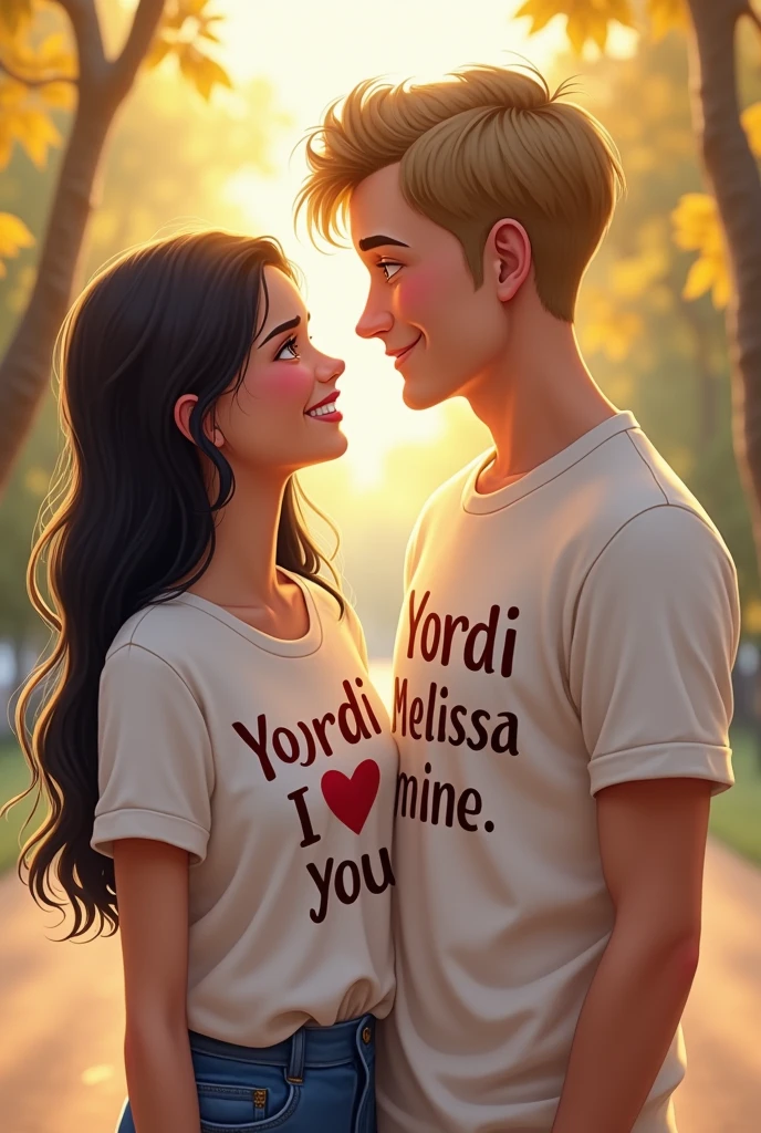 A married couple ) the skinny girl.long black hair, The girl&#39;s black eyes and her t-shirt that says Yordi I love you ). And the white boy is a little stronger in build. ,short light brown hair well combed with a little bangs and green eyes and her t-shirt that this writing Melissa mine is) . The couple are the same height and love each other very much. 