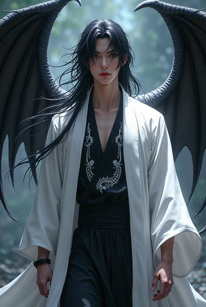 A man with black scales and an extravagant dragon wing, loose black hair with long white streaks., usando um quimono branco parecidas com as dos capitães do アニメ bleach e uma camiseta preta com símbolos de dragão branco. Illustrated RPG concept art style, アニメ, with striking lighting and heavy shadows