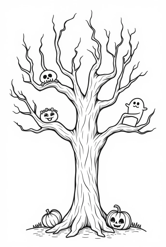 Cute and kawaii halloween simple haunted tree coloring Page, simple for toddlers, bold and easy, black bold lines White background, for a coloring book black and white, líne art, only outlines, but the design is simple and bold, no greyscale