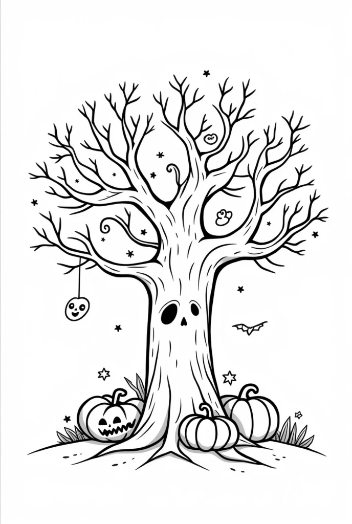 Cute and kawaii halloween simple haunted tree coloring Page, simple for toddlers, bold and easy, black bold lines White background, for a coloring book black and white, líne art, only outlines, but the design is simple and bold, no greyscale