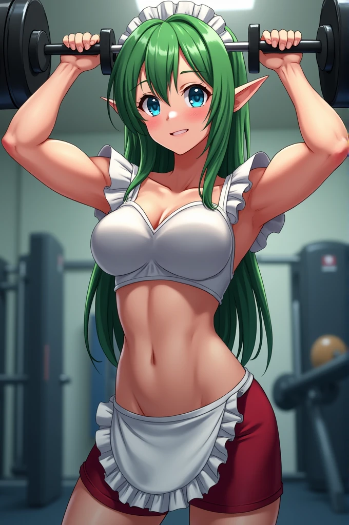 ((Style anime)), ((masterpiece)), ((Detailed bodybuilder physique)),(detailed), An elf, green hair, blue eyes, wears maid clothes, muscular arms, gym scene, muscular legs,
First week at the gym result, Second week at the gym result,