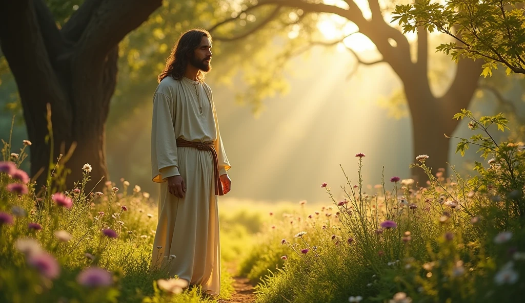 Jesus Christ's plan with a nature background, with long hair and beard.