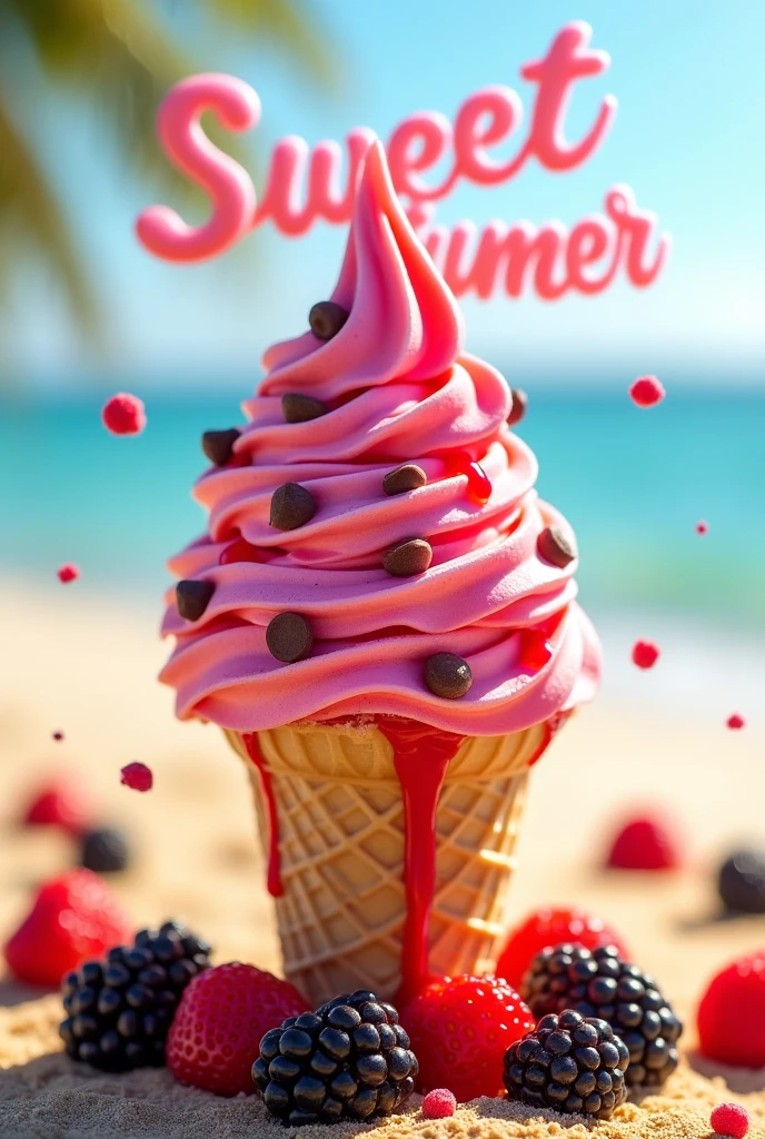 Create a pink, circular scoop of ice cream with red fruit sauce and colorful chips. Below the ice cream, a 12 cm cone with blackberry and strawberry fruit surrounding it.
. beach background with the sweet summer name