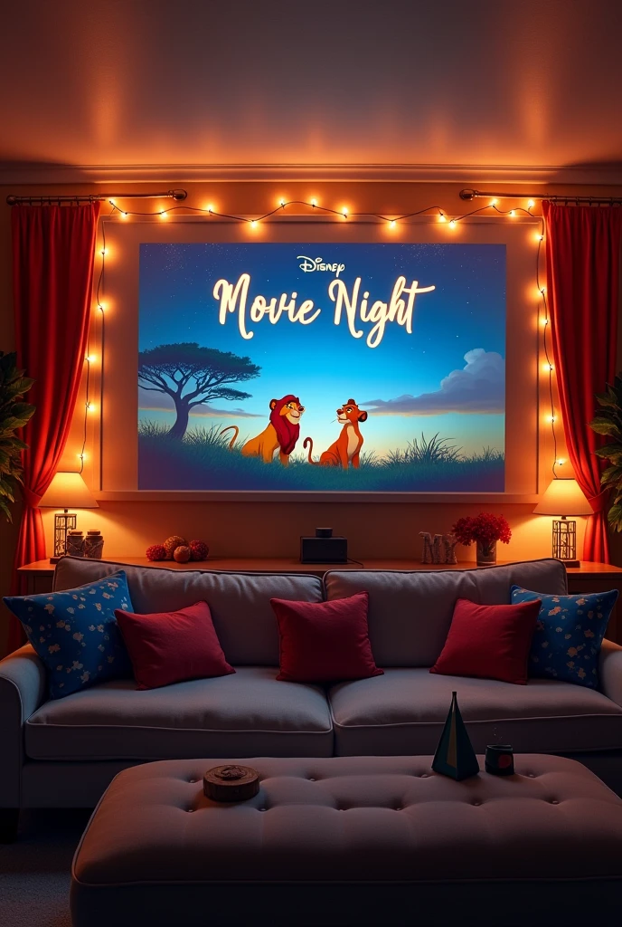 Create an image with the phrase. "Movie night" com o logo Disney. And the Lion King cartoon image