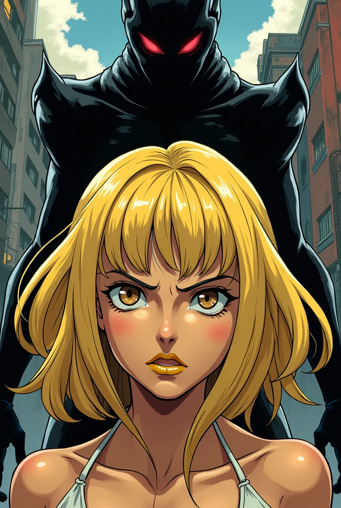 clearing! Here is the updated prompt for the image generator:

"Draw a girl in anime style with medium length blonde hair, with the pointed bangs. Her eyes should be brown in the style of Jojo's Bizarre Adventure, and she should wear yellow lipstick. Her expression should be serious and angry. Include the girl's full body and add a black Stand behind her, with an imposing and mysterious design."