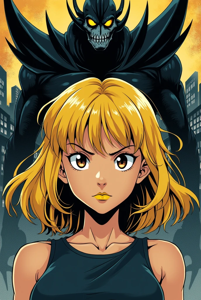 clearing! Here is the updated prompt for the image generator:
"Draw a girl in anime style with medium length blonde hair, with the pointed bangs. Her eyes should be brown in the style of Jojo's Bizarre Adventure, and she should wear yellow lipstick. Her expression should be serious and angry. Include the girl's full body and add a black Stand behind her, with an imposing and mysterious design."
