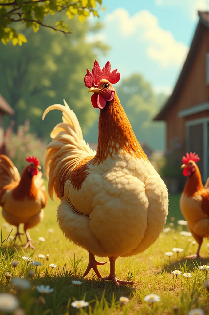 Chicken with Great Bootie in a Farm Being Watched by Roosters