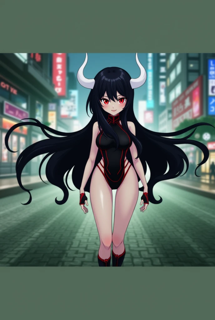 Anime Girl with black hair and white horns and sexy outfit, with red eyes 