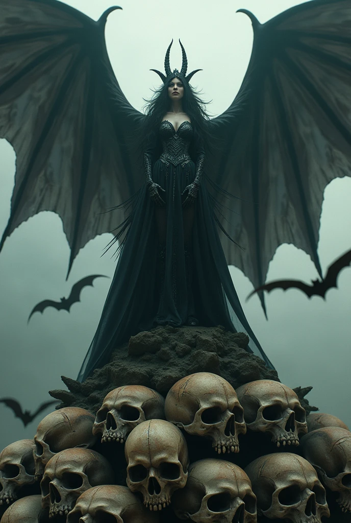 A full-body depiction of a stunning and powerful vampire queen standing triumphantly on a pile of weathered skulls. Bats swarm around her, their wings blurring into the moody background. The scene is rendered in a style that combines the dark, epic energy of Frank Frazetta with the hyper-realistic and intricately detailed approach of modern masters like Greg Rutkowski, Beeple, Beksinski, and Giger. The artwork should be incredibly detailed, with an 8K resolution, capturing every nuance of her figure, the skulls, and the bats. The composition is perfect, with soft, natural, volumetric light that enhances the chiaroscuro effect, creating a cinematic atmosphere. The texture and shading should evoke a sense of majesty and power, blending photorealism with the fantastical, trending on ArtStation for its sheer impact and artistry.