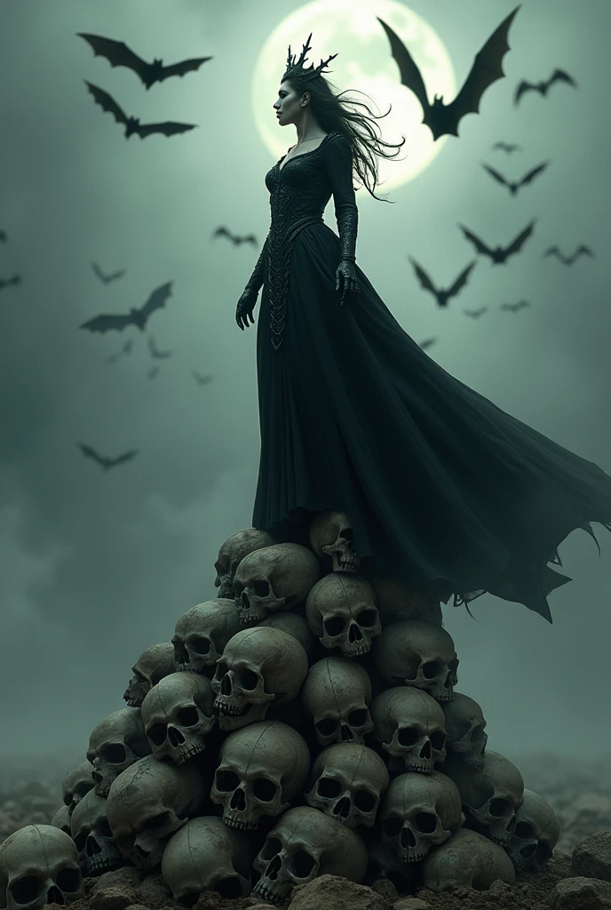 A full-body depiction of a stunning and powerful vampire queen standing triumphantly on a pile of weathered skulls. Bats swarm around her, their wings blurring into the moody background. The scene is rendered in a style  that combines the dark, epic energy of Frank Frazetta with the hyper-realistic and intricately detailed approach of modern masters like Greg Rutkowski, Beeple, Beksinski, and Giger. The artwork should be incredibly detailed, with an 8K resolution, capturing every nuance of her figure, the skulls, and the bats. The composition is perfect, with soft, natural, volumetric light that enhances the chiaroscuro effect, creating a cinematic atmosphere. The texture and shading should evoke a sense of majesty and power, blending photorealism with the fantastical, trending on ArtStation for its sheer impact and artistry.