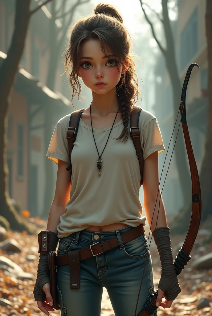 old girl. Light brown hair put up in a ponytail. Grey eyes. Ghostly pale skin. chubby. Jeans with a knife holster on her thigh. Dirty white shirt. Fingerless gloves and wraps on her arms. Holding a bow.