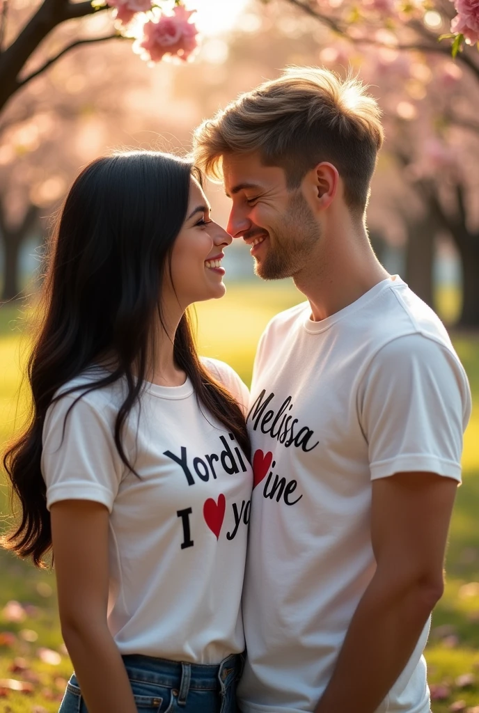 A married couple ) the skinny girl.long black hair, The girl's black eyes and her t-shirt that says Yordi I love you ). And the white boy is a little stronger in build. ,short light brown hair well combed with a little bangs and green eyes and her t-shirt that this writing Melissa mine is) . The couple are the same height and love each other very much.