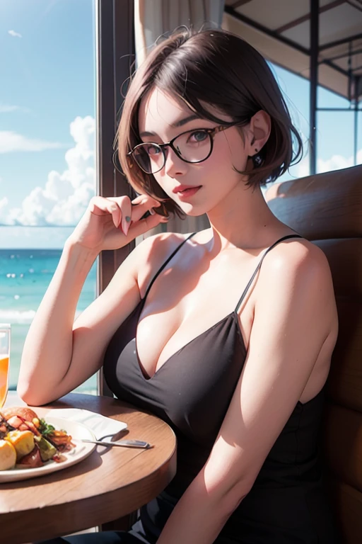tomboy, solo, (very short hair, pixie cut, brown hair), circle-glasses, cute girl, perfect female body, big  breasts, cleavage, toned stomach, Photo Realistic, Highest Quality, Ultra-High Resolution, RAW Photos, Realistic, Bright Lighting, Face Light, Smooth Professional Lighting, 1woman, 25yo, Beautiful Woman, Japanese Idols, Super Beauty, Realistic Skin, Realistic Skin, Realistic Eyes and Faces, Perfect Model Body Shape, Beautiful Eyes, Big Eyes, Inconspicuous Tear Bags, (((glasses))), glossy pink lips, slim, big breasts, very good, no makeup, beautiful fingers, brown hair, brown eyes, seems to be happy, (both ears are hidden by hair), Illustration of a girl in a restaurant with an ocean view, The character is wearing summery, refreshing clothes and sitting at a window seat., She is enjoying her meal with a relaxed expression, gazing at the beautiful sea stretching out beyond the window., Delicious looking food and drinks are lined up on the table, and in the background is the blue sea and sky with gentle waves lapping on the shore., anatomically correct, textured skin, super detail, high details, high quality