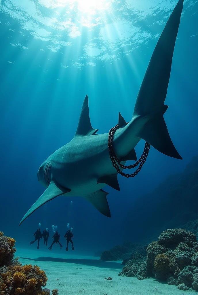 shark　Giant tail fin　Giant tail　Big tail fin　Tail large　sharkのおしりの周りを鎖で縛って　Pulling with a chain on the tail　Please don't put a chain on your head.