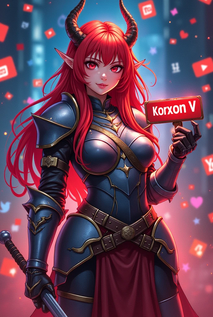 Red-haired demon girl in anime style, He wears medieval armor, holding a nameplate: Korxon V.
With a YouTube and social media background.