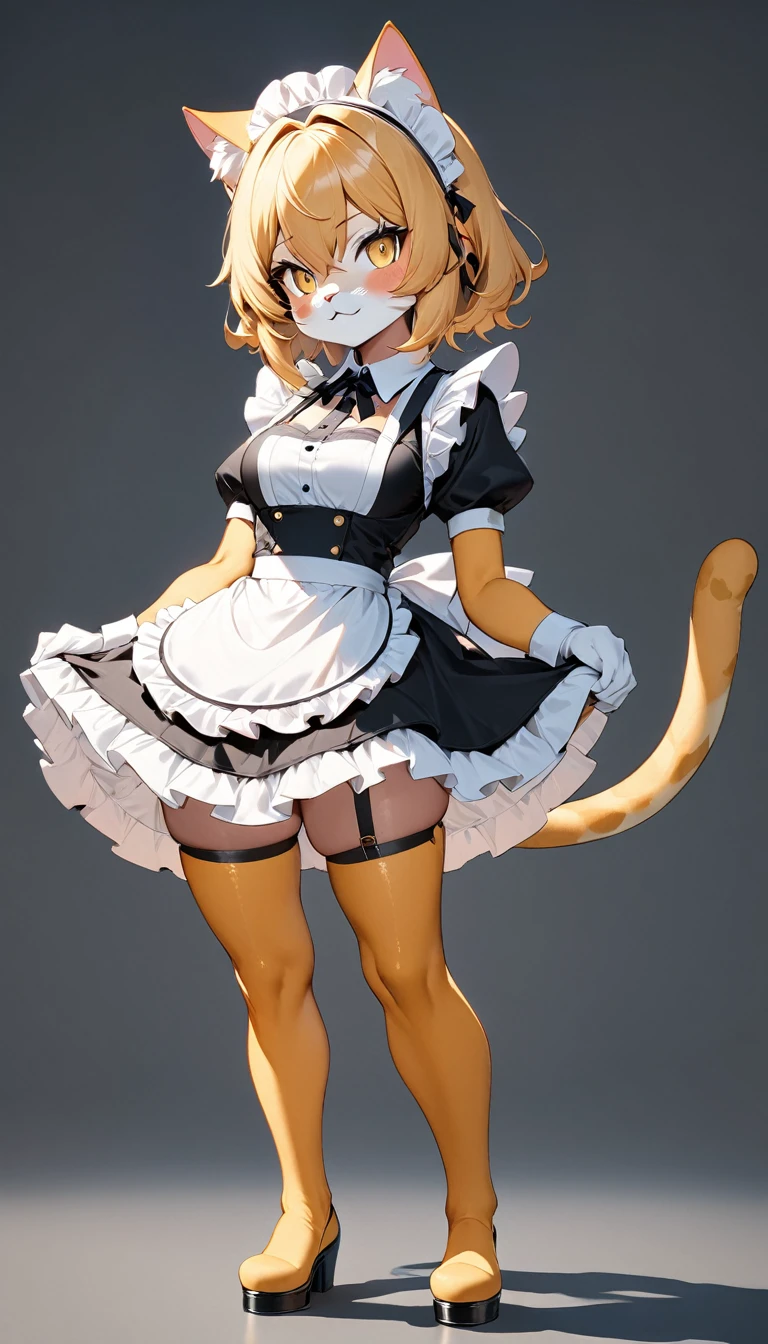 (masterpiece, best quality:1.2), 1 girl, solo, full body, (anthropomorphic yellow tabby cat, furry, kemono), standing, maid costume, white maid headband, High contrast and vivid color, simple background, Generated in SFW, ARW