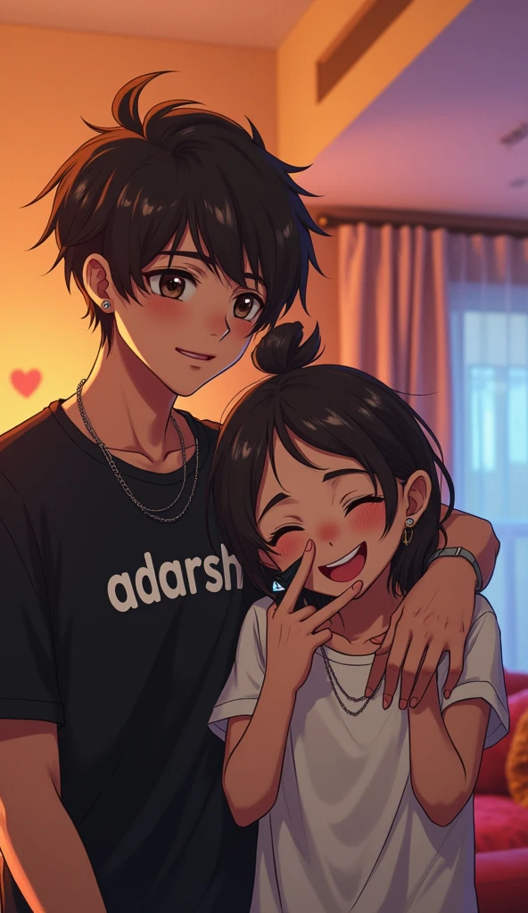 Create an image of a 21-year-old anime boy and his 21-year-old sister taking a mirror selfie together. The boy, dressed in a modern fold sleeves black shirt with adarsh written over it, stands confidently beside his sister, who has a playful and cheerful expression. They are both facing the mirror, with the sister holding the phone to capture the moment. The background is a stylish, well-lit room, reflecting their close sibling bond and the fun, relaxed atmosphere of the scene.