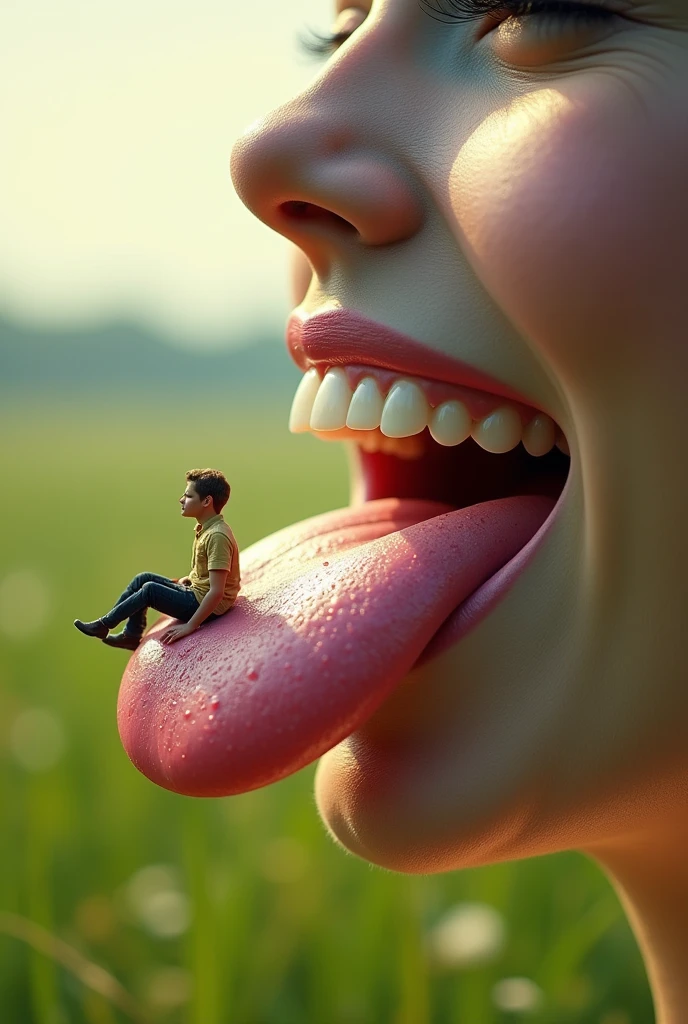 Tiny man lying on giant woman&#39;s giant tongue