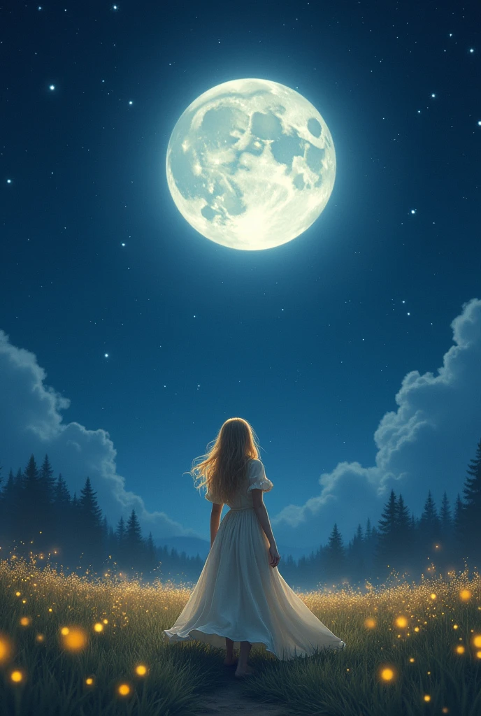 Imagine Laura in a nighttime scene looking at the moon in the background. Laura may be in an open field, with the full or large crescent moon shining brightly in the sky above her with fireflies. The soft glow of the moon illuminates Laura, highlighting her in a tranquil setting.She may be wearing flowing clothes that reflect the silvery light of the moon, and her hair with blonde highlights can be flowing in the wind. Add some stars in the sky for a magical touch.