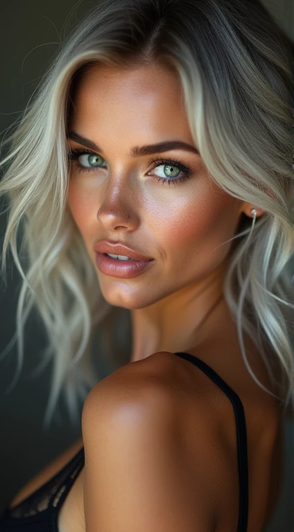 beautiful woman, beautiful detailed green eyes, beautiful detailed lips, extremely detailed face, (gigantic sexy breasts), black lace demi-cup bra, shiny silver hair, dark tanned skin, light freckles, eye reflection, portrait, eye reflection, studio lighting, ultra realistic, side swept bangs, seductive smile, (bokeh), high detail, best quality, UHD, retina, masterpiece, accurate, anatomically correct, super detail, award winning, highres, 16k