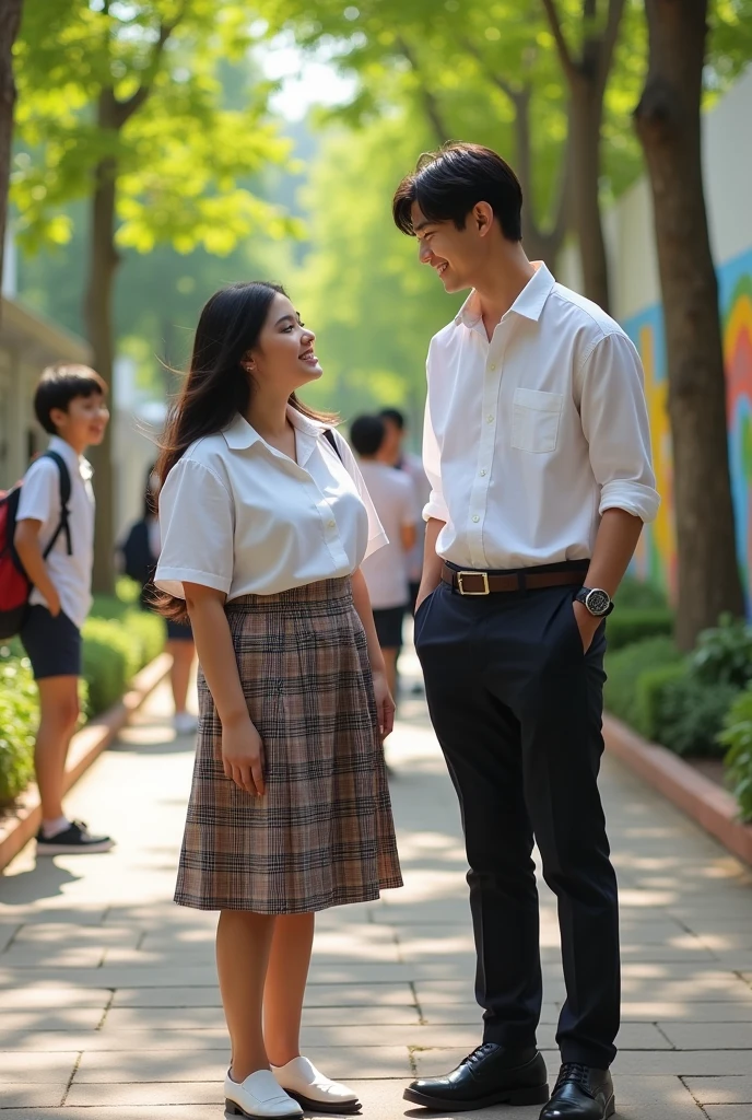 A fat Brazilian woman in school uniform with a tall white man like Heeseung from the Enhypen group