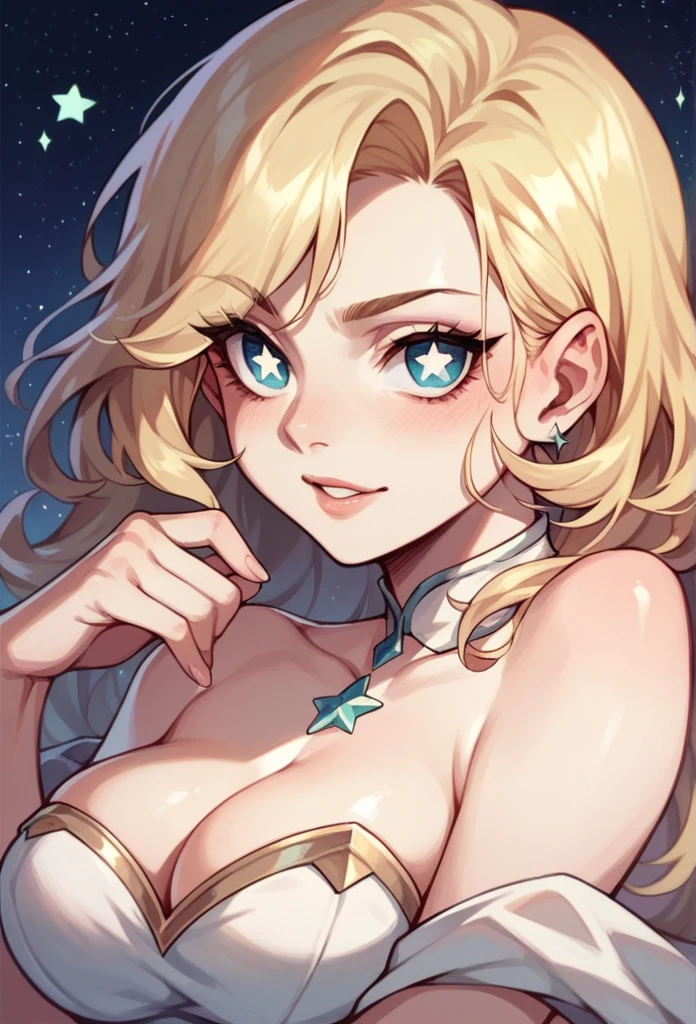 A blonde-haired woman with stars for pupils, sexy seducing 