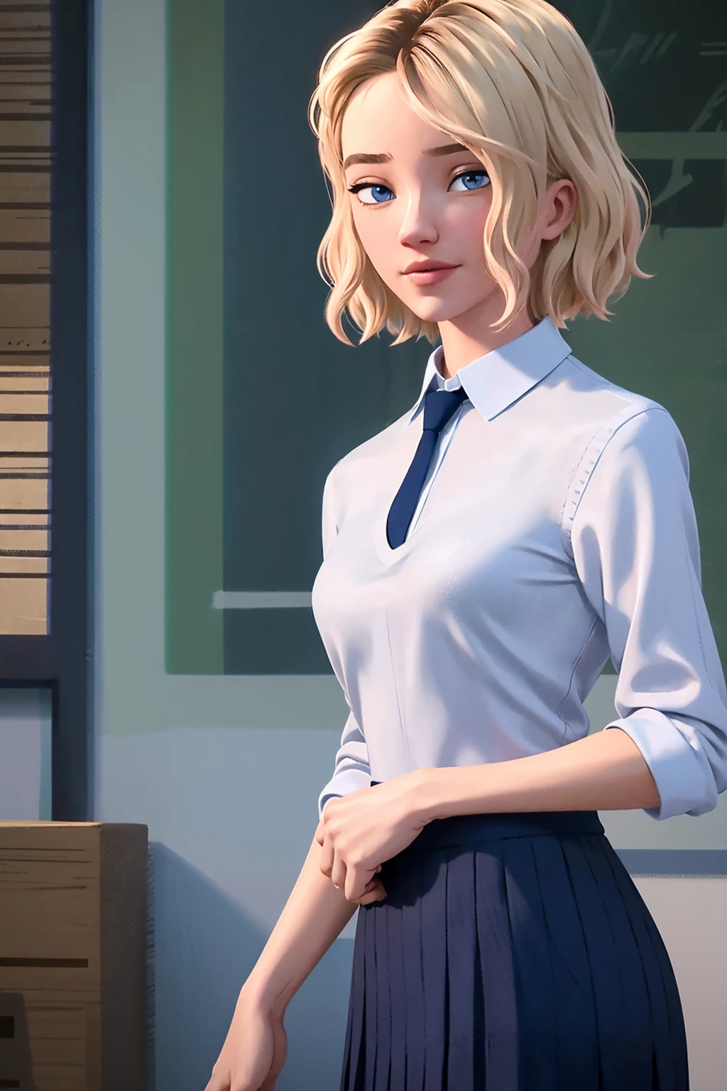 (Best Quality, Masterpiece),sexy, erotic, 1girl, 18 years old, Contempt, pride, short hair, blue eyes, looking at viewer, warm light, standing, small breasts, smirk, sexy, short pleated skirt, unbuttoned collared shirt, no tie, cleavage, sweater vest,
