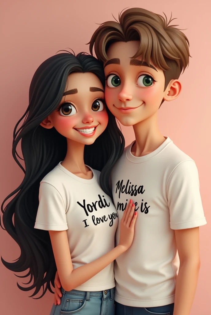 A married couple ) the skinny girl.long black hair, The girl&#39;s black eyes and her t-shirt that says Yordi I love you ). And the white boy is a little stronger in build. ,short light brown hair well combed with a little bangs and green eyes and her t-shirt that this writing Melissa mine is) . The couple are the same height and love each other very much. 