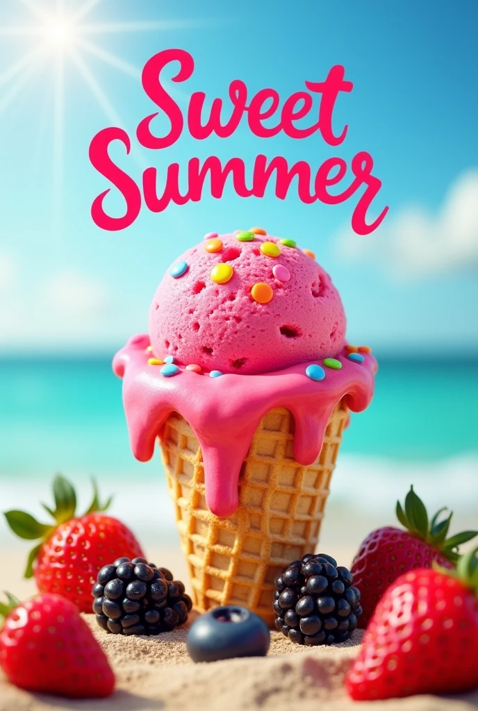 Create a pink ice cream in a circular ball, red fruit sauce and colored chips and a cone under the ice cream. Blackberry and strawberry fruits around the cone.
sunny background with name sweet summer